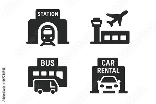 Urban mobility icons set. Public transportation hub symbols. Train station, airport terminal, bus depot, car rental agency. Solid glyph vector pictograms for transport concept.