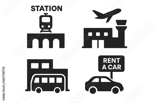 Travel and transportation hub vector icons. Black filled pictogram collection of airport, train station, bus terminal, and rent a car service. Urban mobility concept illustration.