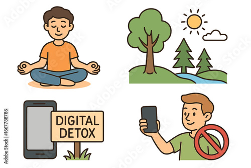 Mindfulness, meditation, digital detox, nature relaxation, and technology disconnection concepts illustrated with cartoon style person meditating, forest, and phone ban vector