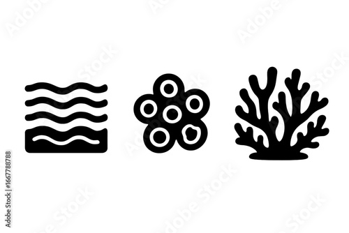 Underwater texture solid icons set. Sea and ocean life patterns. Vector symbols for water wave, sand ripple, barnacle cluster, coral reef silhouette. Marine nature design.