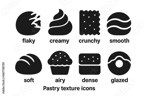 Pastry texture icon set showing food sensory qualities. Vector glyphs for flaky, creamy, crunchy, smooth, soft, airy, dense, glazed. Baking and dessert concepts.