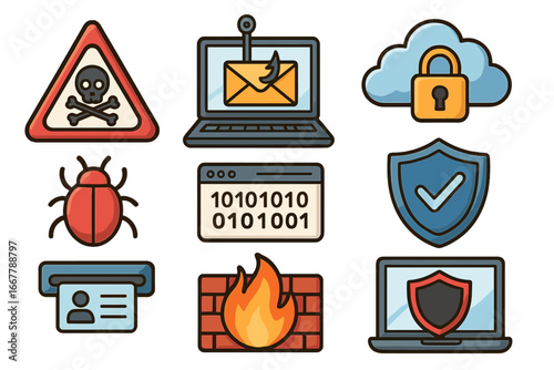 Cybersecurity vector icon set. Digital threats and protection concepts. Phishing, malware, virus, hacking, firewall, data security, cloud lock, identity theft illustration.