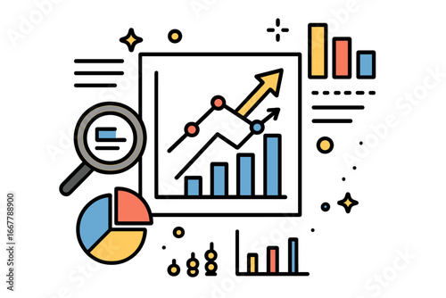 Data analysis, business intelligence, statistics icon. Infographic with market research, financial report. Analytics with growth chart, graph, diagram. Vector illustration.