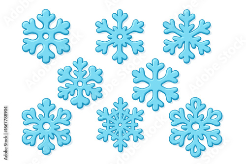 Set of blue cartoon snowflakes. Winter holiday decoration for baking, crafts. Cute 3D icing or fondant snow flakes for cake, cupcake topper. Frozen Christmas, New Year design element.