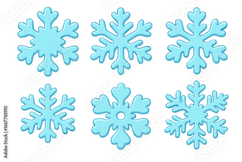 Blue cartoon snowflakes vector set. Decorative frozen ice crystals for winter, Christmas, New Year holidays. Cute fondant or icing illustration for baking, crafts, festive decoration.