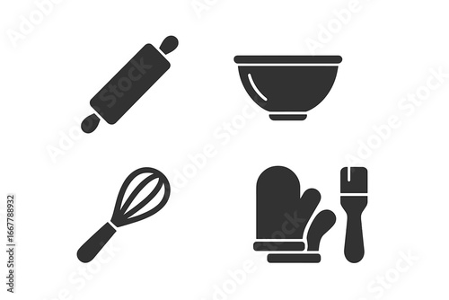 Baking and pastry tools icon set. Solid glyph icons for cooking and kitchen concepts. Vector illustration of rolling pin, mixing bowl, whisk, oven mitt, and pastry brush.