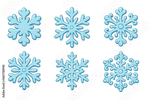 Set of decorative blue snowflakes for winter baking and crafts. Vector cartoon illustration. Christmas holiday fondant icing decoration element. Icy frost crystal symbol.