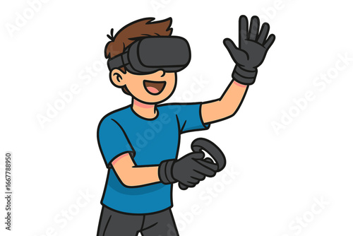 Advanced Virtual Reality Technology with VR Headset, Gloves, and Controllers for Immersive Gaming, Exploration, Interactive Entertainment, and Digital Experiences, Vector Cartoon Illustration