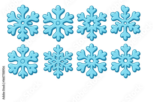 Set of blue cartoon snowflakes for winter decoration. Vector illustration of icy snow flakes. Christmas holiday design elements. Frozen crystal shapes for crafts and baking.