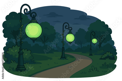 Night park landscape with glowing green street lamps along a winding path. Serene cartoon vector illustration of a city garden with vintage lights and lush greenery at dusk.