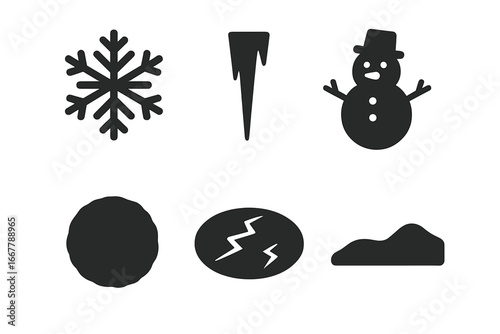 Winter icon set with snow and ice elements. Solid glyph collection of snowflake, icicle, snowman, snowball, frozen lake, and snow drift. Simple flat weather vector symbols.