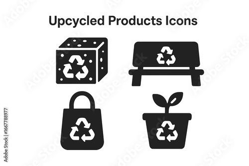 Upcycled products icon set. Solid glyph vector collection of sustainable items like eco-bricks, plastic benches, recycled bags, and planters. Circular economy and zero waste.