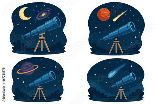 Night Sky Exploration with Telescopes and Celestial Bodies, Cosmic Phenomena in Vibrant Vector Cartoon Illustrations, Astronomy, Space Observation, Stargazing Concepts