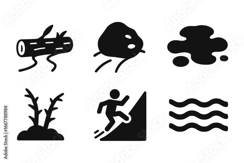Path obstacle solid icons set. Life and business challenges metaphor. Fallen tree, rockfall, mud, thorn, slippery slope, river. Roadblock, problem, barrier concept glyphs.