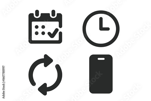 User behavior solid icon set. Glyph icons of habits, routine, and time management. Calendar schedule, clock timer, repeat sync arrow, and mobile phone for app interface.