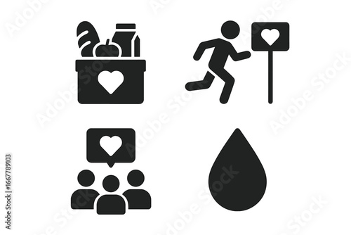 Social cause solid icon set. Charity and volunteering glyph collection. Food bank donation, charity run, community meeting, and blood donation vector symbols for web and print.