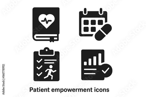 Patient empowerment solid icon set. Health journal, medication schedule, fitness plan, progress report vector symbols. Healthcare management and medical self-care tools pictogram.