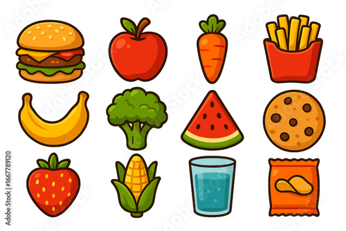 Food icons set with healthy and unhealthy meal choice. Vector cartoon collection of fast food burger, fries, snacks and fresh fruit, vegetable. Diet and nutrition concept.