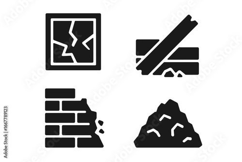 Disaster and destruction solid icons. Broken window, collapsed brick wall, rubble pile, fallen debris. Urban catastrophe, ruin, apocalypse, earthquake aftermath vector symbols.