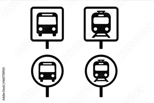 Public Transport Icons Set Featuring Simplified Bus and Train Stops and Stations for Urban Navigation and Transit Planning Vector Cartoon Illustration