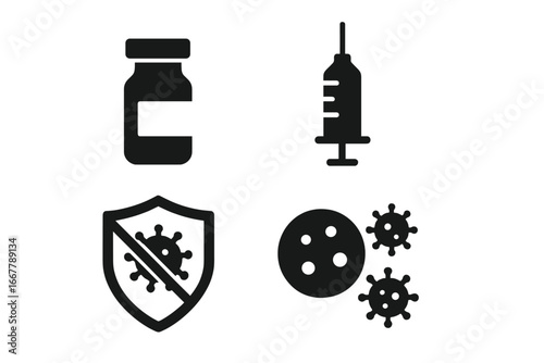 Vaccination and immunity solid glyph icon set. Syringe, vaccine vial, and virus protection shield symbols. Medical immunization and healthcare concept vector illustration.