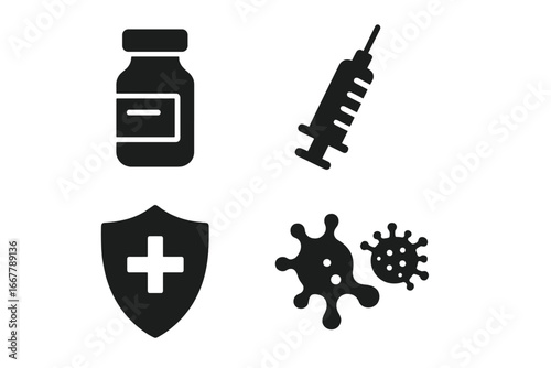 Vaccination icon set. Solid glyph symbols for immunization, health care, and medicine. Vector of vaccine vial, syringe, protection shield, and virus. Medical treatment concept.