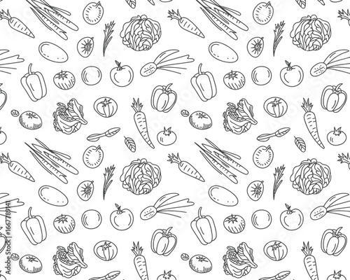 Seamless black and white pattern illustration of various hand-drawn vegetables on a white background
