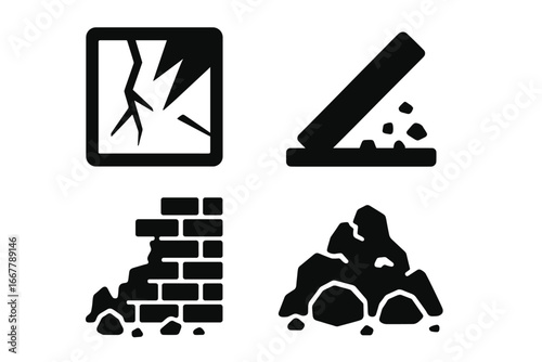 Urban disaster icon set. Vector symbols of destruction, ruin, and building collapse. Solid glyphs showing broken glass, fallen beam, collapsed wall, and rubble pile.