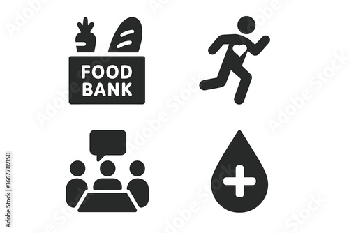 Social cause and charity icon set. Vector glyphs for food bank, donation, and community support. Includes symbols for charity run, blood drive, fundraising, and volunteering.