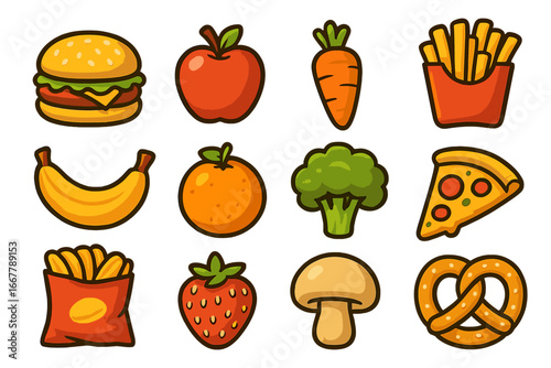 Food icons set. Cute cartoon collection of fast food and healthy fruits, vegetables. Vector illustration of burger, fries, pizza, apple, banana. Flat design sticker elements.