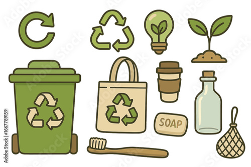 Recycling and eco-friendly products illustrated in minimalist style showcasing sustainable everyday items and practices including reusable bags, biodegradable soap, and green energy concepts