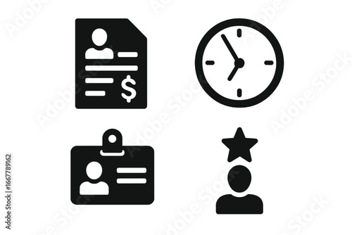 Payroll management solid icons. Vector symbols of salary, payslip, time clock, employee ID, and bonus. Human resources, tax, payment, and finance concepts for business.