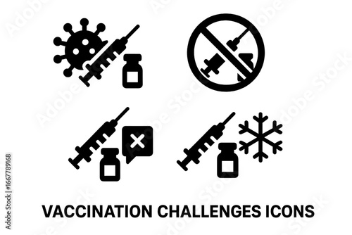 Vaccination challenges icon set. Vector icons of vaccine refusal, anti-vaxxer movement, misinformation, fake news, and cold chain logistics for virus pandemic immunization.