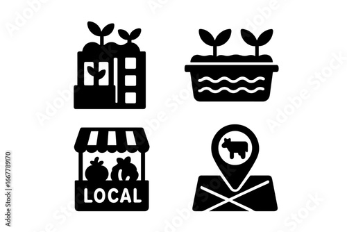 Urban farming and local food icon set. Solid glyph vector graphics of rooftop garden, vertical farm, hydroponics, farmers market stand, and local sourcing map location pin.