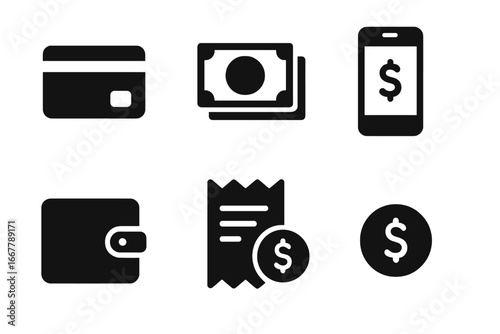 Payment methods solid icon set. Finance and banking glyph collection. Vector symbols of credit card, cash money, mobile pay, wallet, receipt bill, and dollar coin for shopping.