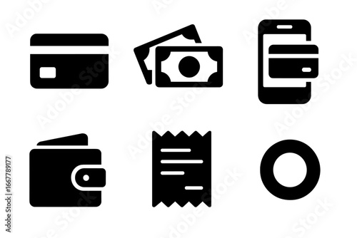 Payment methods solid glyph icon set. Finance, money and banking symbols. Vector collection of credit card, cash, mobile pay, wallet, receipt, coin for e-commerce and UI.
