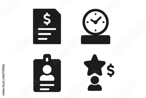 Payroll solid glyph icon set. Salary, tax, payslip, time clock, employee ID, and bonus payment concept. Human resources, accounting, and finance management vector symbols.