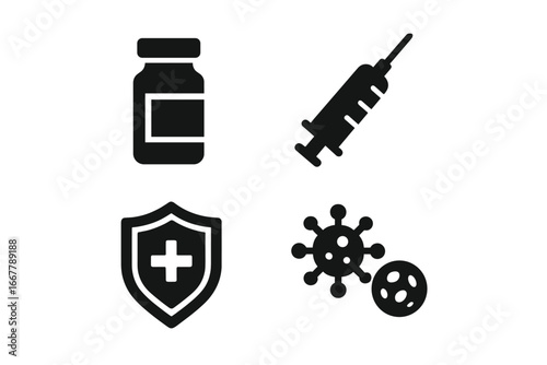 Vaccination icon set. Immune system protection, immunization concept. Syringe with needle, vaccine vial, medical shield and virus pathogen. Health care, medicine symbol.