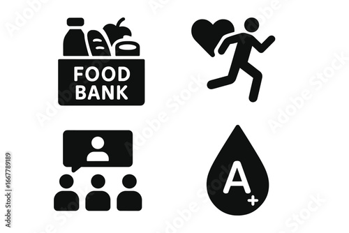 Social cause and charity solid icon set. Food bank, charity run, blood donation and community support group symbols. Vector glyph pictogram collection for volunteering.