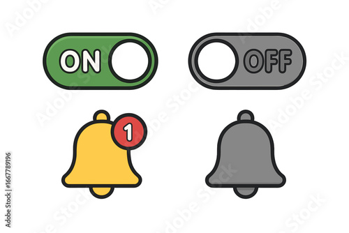 On and off toggle switch buttons and notification bell icon set. User interface elements for web and app design. Enable, disable, subscribe, alert concepts. Flat cartoon vector.