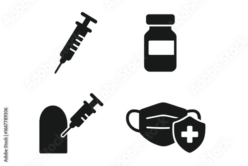 Solid Vaccination Icons Set, Medical Syringe and Injection, Vaccine Vial Bottle, Protective Face Mask with Health Shield, Immunization Symbols, Vector Illustration