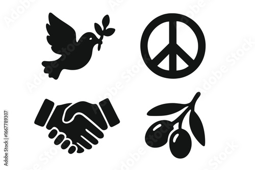 Peace icons set. Solid glyph collection of peace symbols. Dove with olive branch, peace sign, handshake. Harmony, agreement, unity, anti-war concept vector illustration.