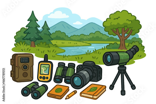 Wildlife observation and monitoring equipment set. Vector illustration with camera trap, binoculars, spotting scope, GPS navigator for nature research and birdwatching.