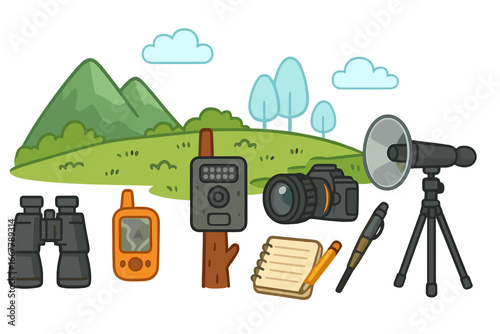 Wildlife monitoring and observation equipment set. Tools for zoology, ornithology, conservation, research, and nature exploration. Vector cartoon illustration with camera trap.