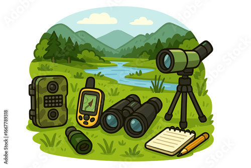 Essential gear for wildlife monitoring, research, and observation. Vector set with binoculars, trail camera, GPS, spotting scope in a natural habitat landscape illustration.
