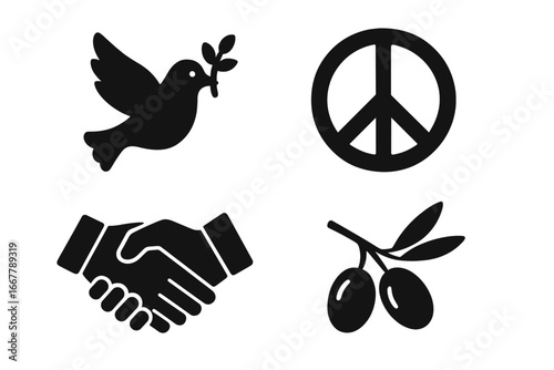 Peace symbols collection. Vector icon set. Dove with olive branch, handshake, hippie sign. Concept of harmony, reconciliation, unity, anti-war, agreement, deal, partnership.