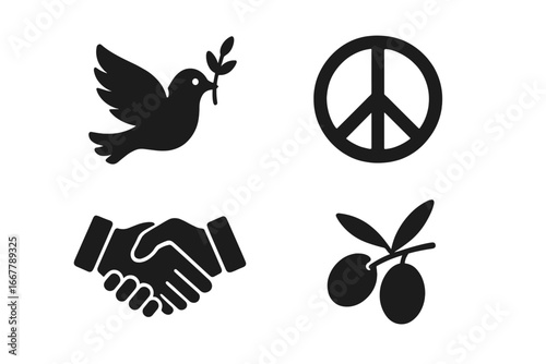 Peace icons set. Glyph symbols of harmony, unity and anti-war. Dove with olive branch, peace sign, handshake and reconciliation concept. Vector solid pictogram collection.