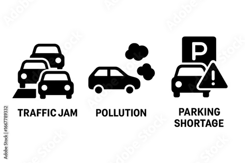 Urban Mobility Challenges Icons, Solid Filled Vector Set Illustrating Traffic Jam, Pollution, Parking Shortage, Urban Transport Issues, City Traffic Problems, Environmental Impact, Vector Symbols