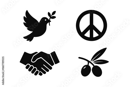 Peace icons set. Solid glyph vector collection of peace symbols. Dove with an olive branch, anti-war sign, handshake, and olive twig. Harmony, hope, and reconciliation concept.