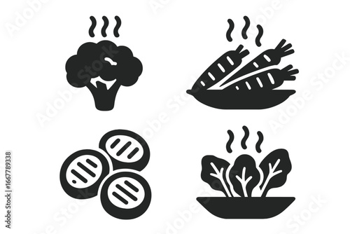 Vegetable Icon Grid, Solid Filled Set of Cooked Vegetables Including Steamed Broccoli, Roasted Carrots, Grilled Zucchini, and Sautéed Greens Vector Illustration on Transparent Background